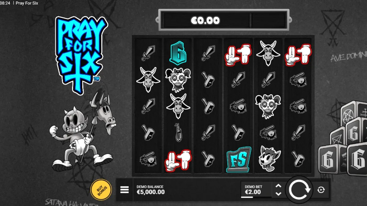 Interface do jogo de slot Pray for Six com tema infernal e monocromático